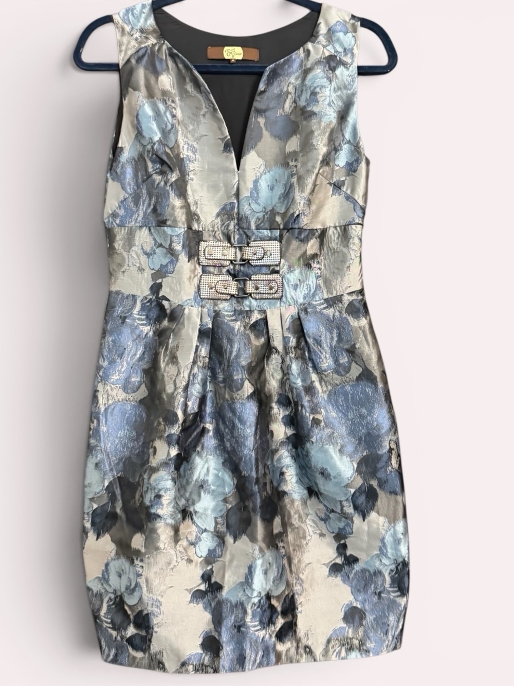 Eva Franco Blue Metallic Floral Cocktail Dress Size 6